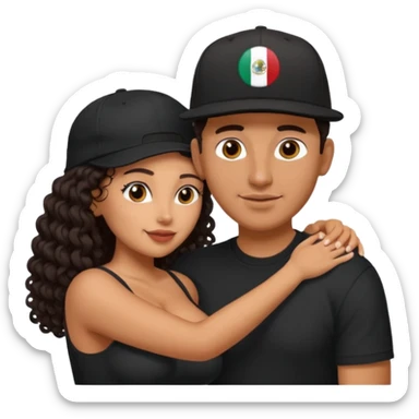 A picture of an embracing tanned couple. the man is a Mexican man with tanned skin, with a bald hair cut wearing a SnapBack hat and a black shirt. the woman wea, with long curly dark brown hair and with big boobs.  sticker