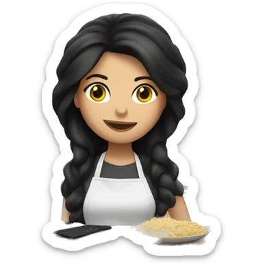 White woman with long black hair cooking  sticker