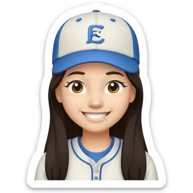 Digital illustration of a cartoon character with a big smile on its face and winking. The character has long dark hair and is wearing a white baseball cap and casual clothes. The overall style of the illustration is cute and playful. sticker