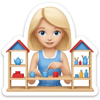smiling girl arranging furniture in doll house sticker