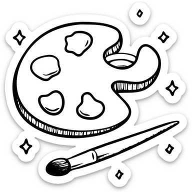Detailed artist's palette with colorful paint blobs, palette holes, and paintbrushes nearby. Detailed hand-drawn icon style. sticker
