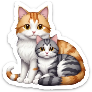 full body colourful light patched calico + white tabby cat cuddling a large dark grey and white tabby cat  sticker