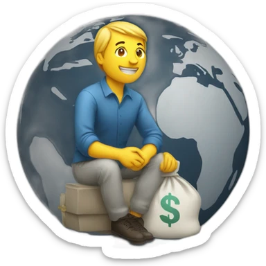 man sitting on globe with money bag sticker