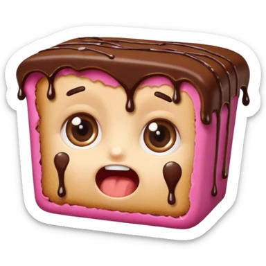Rectangular chocolate mini pastry, slightly messy, wide shocked eyes, open mouth, chocolate dripping, text above: "ПАСТИЧКА", chibi style, Twitch emoji style, transparent background, colorful

 sticker