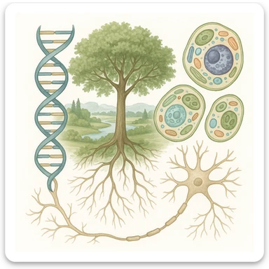 A realistic biological illustration (like in a school book) showing: DNA strands transitioning into a tree, cells with visible organelles, neurons connected to plant roots  and a balanced ecosystem background . Seamless integration, no labels or borders. Scientific color scheme, detailed but minimalist. please white background sticker