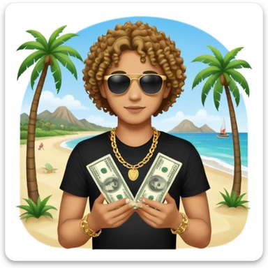 Mixed-race person with curly hair, black t-shirt, gold chain necklace, holding dollar bills in both hands, wearing black sunglasses, beach with palm trees in background sticker