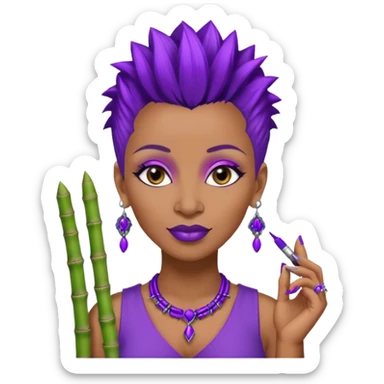57 years young,  brown skinned Black queen with a  no hair on side and a  mohawk hairstyle, purple lipstick,  purple eyeshadow,  droopy looking  eyes, bamboo design 
 earrings with the name Draya personalized on them.  sticker