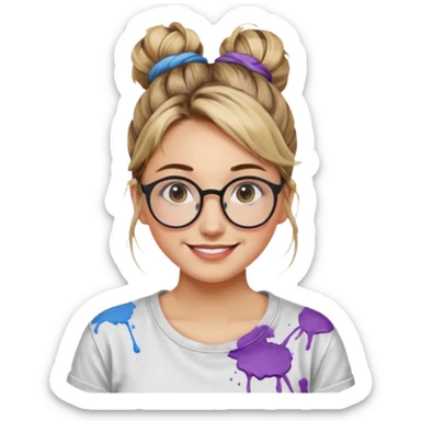 Artist Woman – messy bun, round glasses, paint stains on shirt.














































 sticker