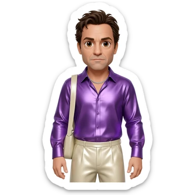 Mark Ruffalo with brown eyes, dark brown hair, purple metallic shirt, cream metallic baggy pants, silver necklace sticker