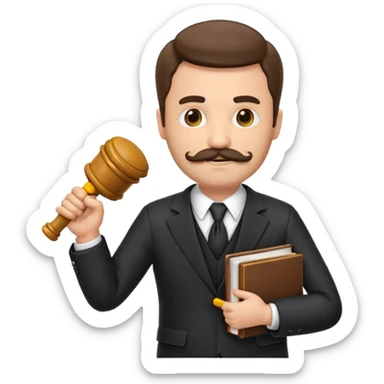 “Create a clean, modern emoji-style illustration of a male lawyer. He is wearing a formal suit jacket. He is holding a judge’s gavel in one hand and has a law book tucked under his arm. He has a mustache and beard! sticker
