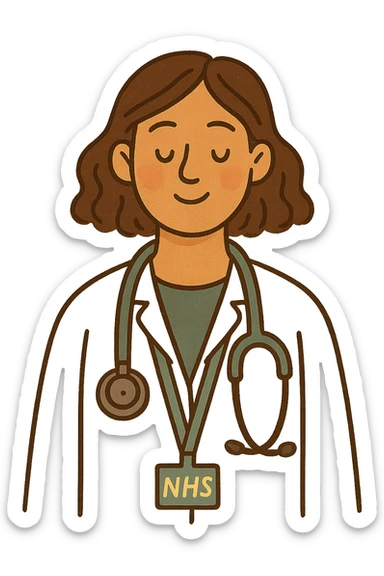 A modern day female doctor wearing an NHS lanyard and stethoscope sticker