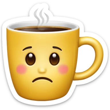 classic yellow emoji of a coffee cup with side-swept emo bangs and a sad face sticker