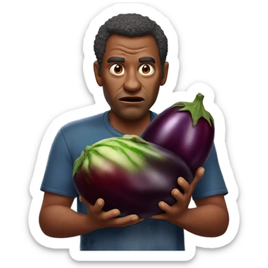 really angry man (red-skinned) holds a giant eggplant in his hands; realistic sticker
