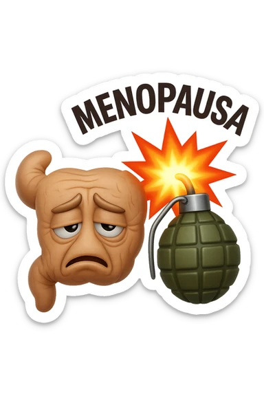 EMOJI STILE IPHONE 3D DI INTESTINO ANZIANO CON RUGHE SFINITO CON ESPRESSIONE STANCA, ACCANTO A LUI SCOPPIA UNA GRANATA 3D CON LA SCRITTA "MENOPAUSA" SOPRA sticker