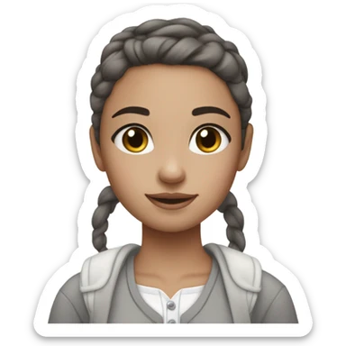 A cute brunette girl with clean girl makeup with a ponytail with a white bow wearing grey comfy clothes sticker