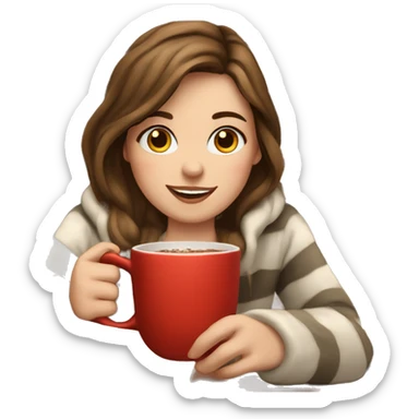 a white girl with brown hair sitting by the fireplace with hot chocolate  sticker