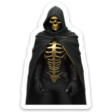 Hunter in black cape and a perfect gold skull jaw mask from death Stranding, full body front and back sticker
