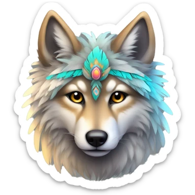 Fluffy Shy Colorful Spiritual Coywolf With Shiny Tribal Markings wearing feathers Full Body sticker