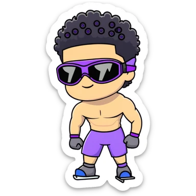 shirtless male athlete with white skin and moderately curly black hair on top with shaved sides, wearing purple ski goggles with black tinted lenses, and a simple plain black chain necklace, no earrings sticker
