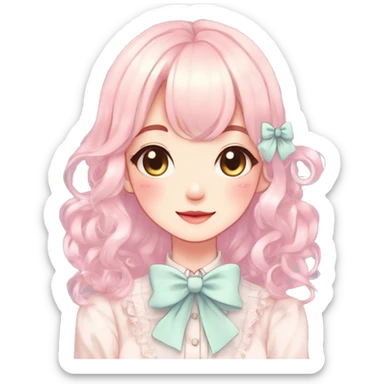 Gorgeous pastel anime style lady with blushing face and laces and bow ties cottagecore fairycore pastelcore colorful pearly romantic simplistic aesthetic trending style sticker