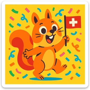 cute squirrel tossing confetti in the air, Swiss flag in paw, cartoon style sticker