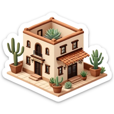 Isometric exterior little black, beige, and white southwestern desert Mexican restaurant, dollhouse style 3D realistic  sticker
