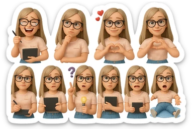 «Создай набор из 10 наклеек в стиле 3D cartoon  женского персонажа (30 лет выглядит моложе)  с прямыми светло русыми волосами ниже лопаток, светлой кожей, большими выразительными голубыми глазами, черные очки для зрения формы кошачий глаз, нос чуть с горбинкой.
Персонаж должен носить пастельную розово-бежевую тай дай футболку с вышивкой @ByUnicorn, голубые джинсы фасона мом, персонаж должен иметь разные выражения: смех до слез, задумчивость, влюбленность (с сердцами вокруг головы), улыбка и создает сердце руками, злость с паром из носа, растерянность (со знаком вопроса), наличие идеи (с зажженной лампочкой), плач со слезами из глаз, удивление с открытым ртом, лежит на спине раскинула руки и ноги в стороны в луже слез. Размер картинки не ограниченный, чтобы все наклейки вместились без обрезки. Стиль мультяшный  DreamWorks, мягкий свет, прозрачный фон, и добавь персонажу в руки графический планшет следи чтобы выглядело органично, красиво, не нарушая законы природы и физики, можешь добавить в другую руку перо от графического планшета, если это будет позволять смысл стикера» sticker
