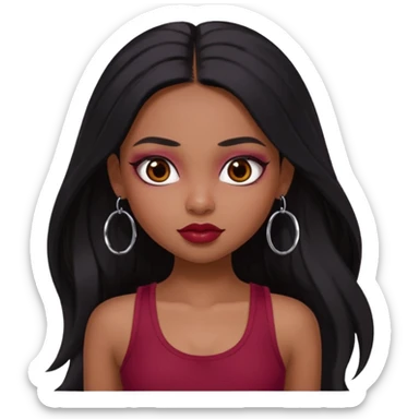 a pretty bratz girl with long black hair, kajal under eyes, small silver hoop. Dark cherry red tank top on.  sticker