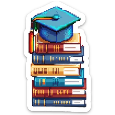 abstract pixel art, simple 3 books stack with graduation cap, minimal details sticker