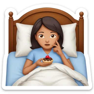 A middle-aged Asian woman lying in bed, unable to sleep thinking of dessert sticker