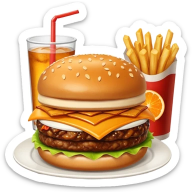 BBQ BACON BURGER, LARGE ORDER OF FRIES, ORANGE SODA WITH NO ICE, AND PIECE OF HOT APPLE PIE. sticker