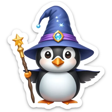 A cute penguin wearing a wizard hat and holding a magic wand sticker