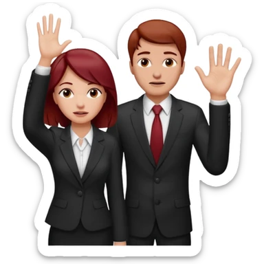 now make the girl u created in bussines outfit waveing with dark red hair and the man u created facepalm sticker