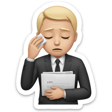  emoji character wearing a interview clothoes. face has a very sad crying, disappointed expression with drooping eyebrows and half-closed eyes. posture is dejected, with slumped shoulders. just rejected from  interview to get a job, holding CV. dont make it old person and dont specify any gender. sticker