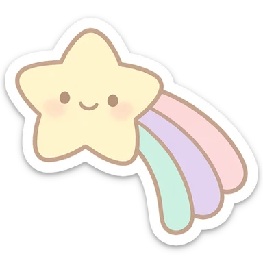 cute soft yellow shooting star, smiling face, pastel trail, no limbs, full body, soft pastel kawaii style, transparent background sticker
