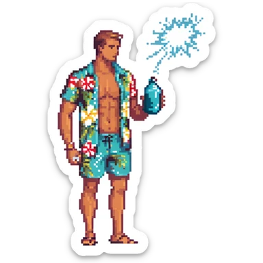 human male Unbuttoned Hawaiian shirt, swim trunks, shaking a cocktail shaker (sparks flying), with a drink sticker