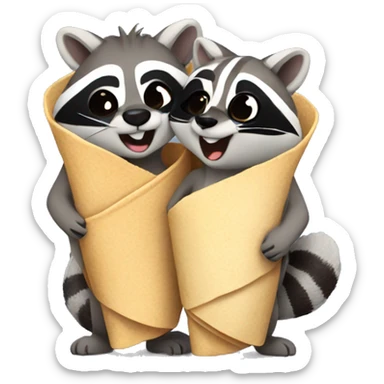 a raccoon couple extremely happy holding a burrito sticker