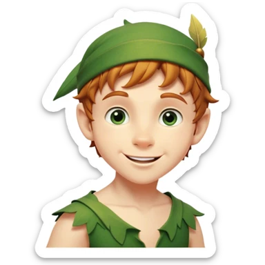 Cinematic Realistic Peter Pan Portrait, head tilted playfully and inquisitively, capturing his mischievous smile and twinkling eyes. The intricacies of his whimsical attire and the soft interplay of natural light bring to life his adventurous energy and childlike charm with a hint of daring strength. sticker