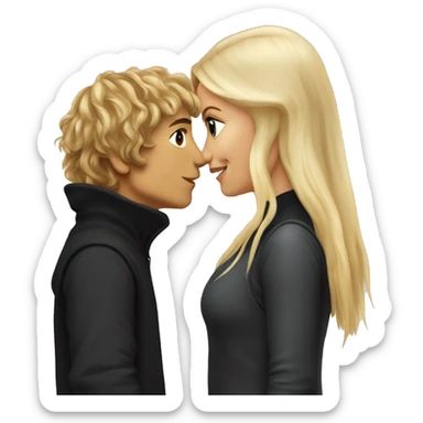 Pippin-hobbit wearing black hoodie kissing pretty straight hair blonde woman with attractive top sticker