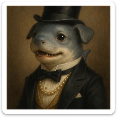 a shark puppy dressed for a high society party sticker