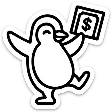 a dancing penguin holding money, bold outlined icon style sticker