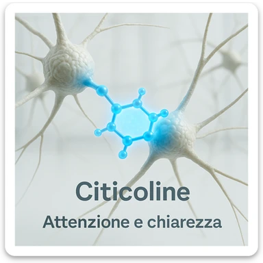 Citicolina che favorisce il focus, iper realistico, molecola blu che collega neuroni, scritta 'Attenzione e chiarezza', atmosfera clinica, sfondo chiaro sticker