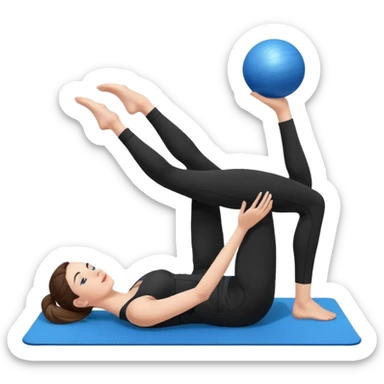 generate a pretty woman in black gym clothes doing pilates on a blue mat with a small blue ball sticker