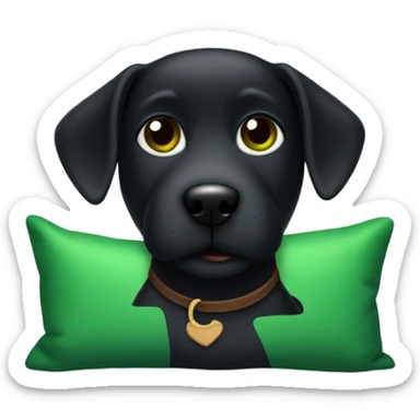 Black dog with brown eyes holding a green pillow sticker