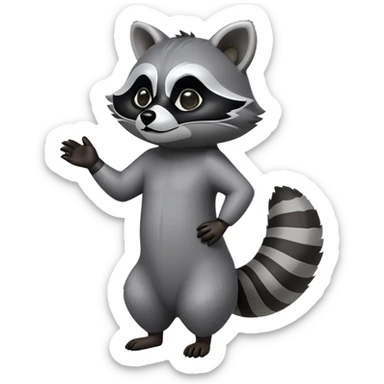 Cinematic-Raccoon-Realistic-Full-Body-Standing on all fours-Emoji – Tail flicking lazily, head tilted dramatically, thick grey fur with a signature black mask, sharp and alert ears, simplified yet realistic focused features, highly detailed, glowing with an almost sarcastic glow. sticker