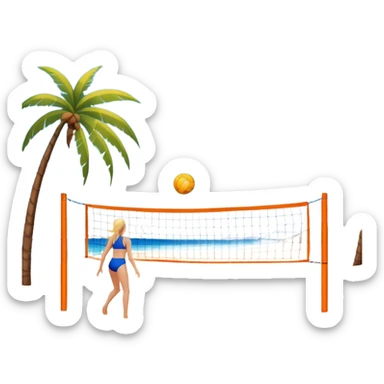 A volleyball resting on the orange sand of a beach, with a volleyball net in the background. The scene includes a beautiful beach landscape with blue sea, sky, and palm trees, while a couple of women in swimsuits play in the distance, capturing the relaxed yet competitive vibe of beach volleyball. sticker