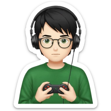 
gamer, Gorgeous green sweater black hair anime style shojo guy glasses, headphone, gamepad sticker