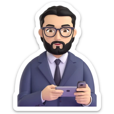 businessman with medium black beard, black hair styled to one side, connected unibrow, olive skin, brown eyes, glasses, prominent nose, in formal black jacket, focused on using smartphone touchscreen, with subtle modern office environment in background sticker