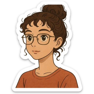 ghibli style 23-year-old girl with square thin glasses, brown curly hair in a high bun, big eyes and lashes, small nose and mouth, thin hoop nose piercing sticker