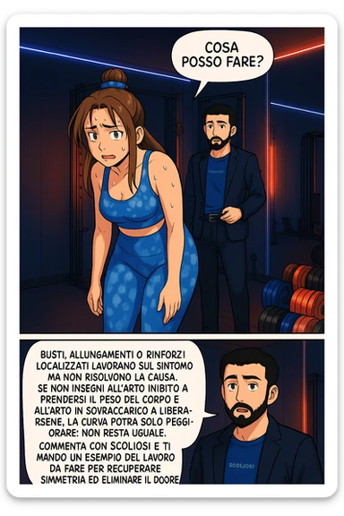 ispirati a questo stile di disegno e fai questa immagine in versione manga/webtoon a colori, il manga mostra la donna preoccupata che chiede: "COSA POSSO FARE?" E L'UOMO CHE RISPONDE: Busti, allungamenti o rinforzi localizzati lavorano sul sintomo ma non risolvono la causa. Se non insegni all’arto inibito a prendersi il peso del corpo e all’arto in sovraccarico a liberarsene, la curva potrà solo peggiorare; non resta uguale. Commenta con scoliosi e ti mando un esempio del lavoro da fare per recuperare simmetria ed eliminare il dolore. sticker